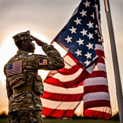 African American soldier salutes the American flag