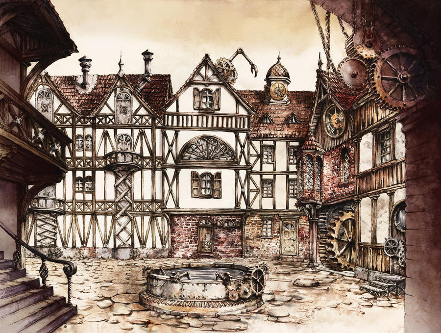 Steampunk Town Square by GrimDreamArt
