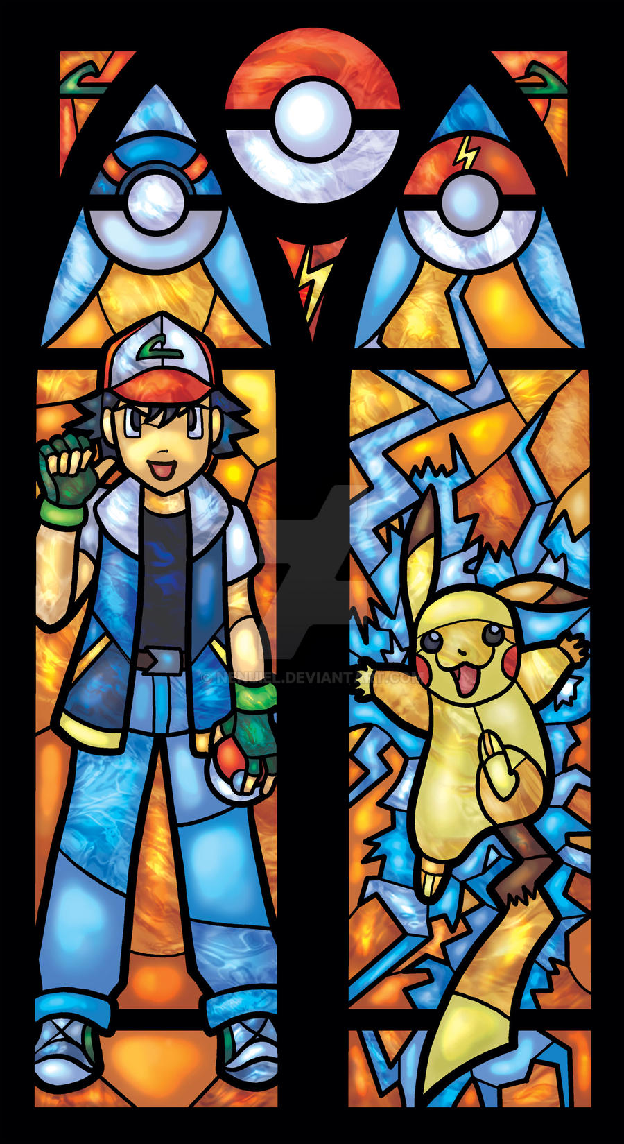 Pokemon Stained Glass Window with Ash and Pikachu