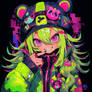 Green-haired girl wearing a hat with bear ears