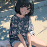 Black-haired girl sitting on the ground