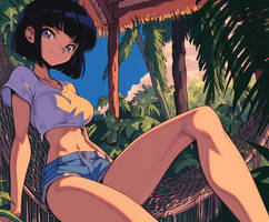 Black-haired girl sitting in a hammock