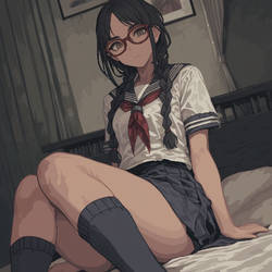 High school girl with braids sitting on bed