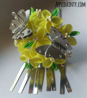 Canola and Silver Butterfly Kanzashi Hair Fork