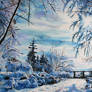 Landspcape sun snow winter - acrylic paint