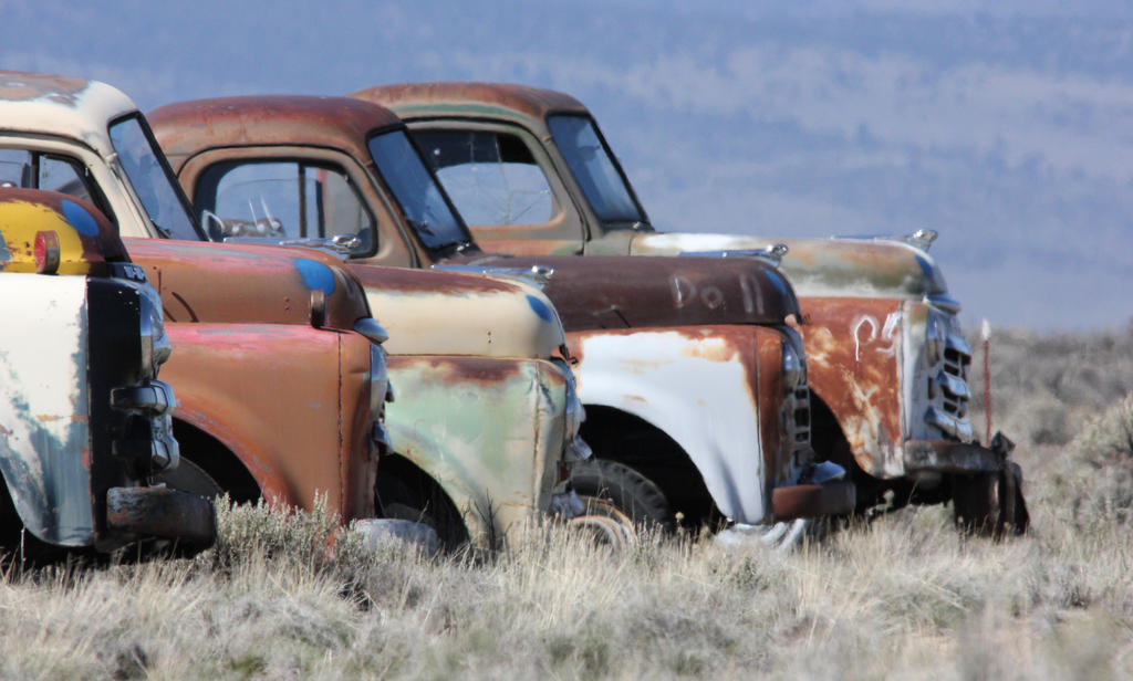 Pick-up trucks all in a row