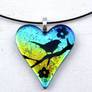 Fused Glass Heart Bird in the Blossoms Necklace