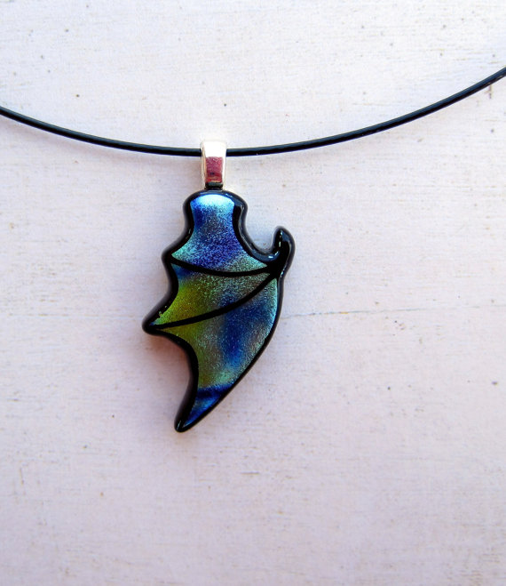 Dragon Wing Fused Glass Blue Green Necklace