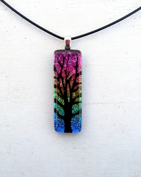 Tree of Life Rainbow Pendant Necklace Fused Glass