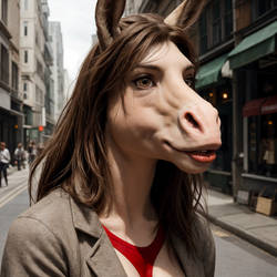 Woman Transforming into a Donkey in Public