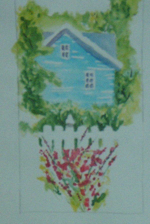 House with white fence,flowers