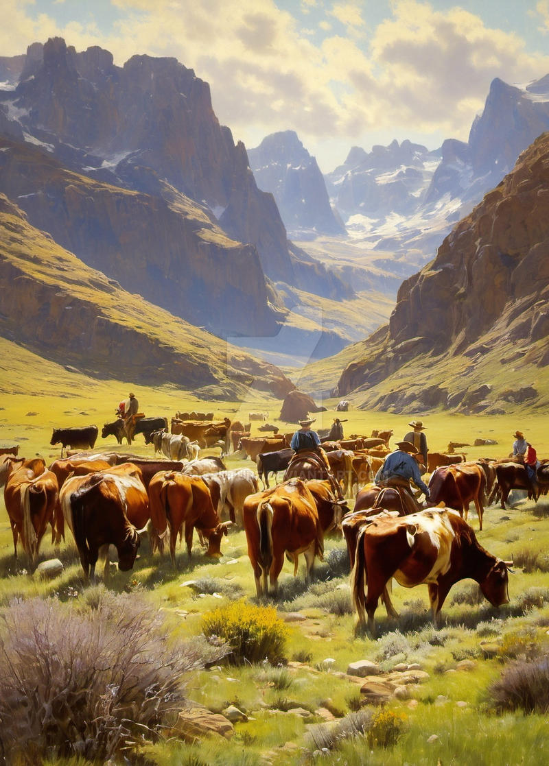 Heding Cows Cowboys are herding cattle in the mountains by ArtsFuture on DeviantArt