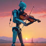 A robot plays the violin in the sunset