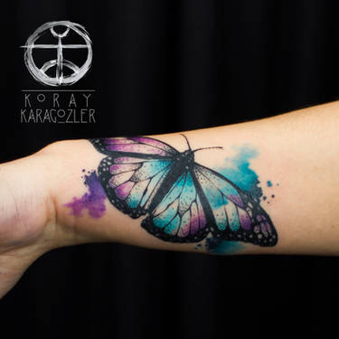 Blue Watercolor Butterfly Tattoo With Purple Color