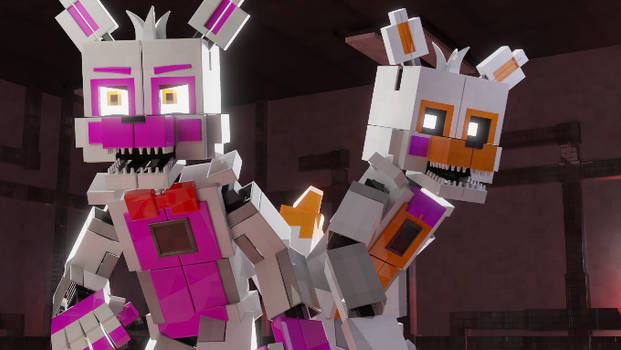 193046 - safe, artist:ravenfeatherthewolf, funtime foxy (fnaf), lolbit  (fnaf), canine, fox, mammal, anthro, five nights at freddy's, abstract  background, arm around character, couple, duo, duo male and female, female,  flag, funfoxbit (fnaf)