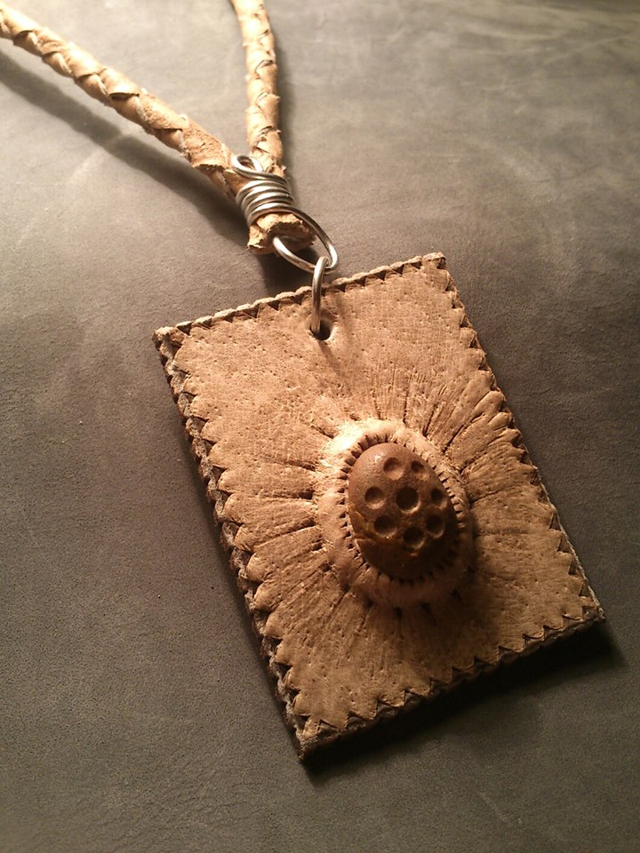 Leather Necklace / Leather Pyrography, Stone, Wire