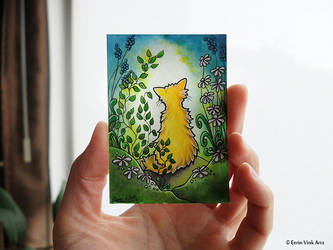 ACEO cat watercolor, with white flowers and greens