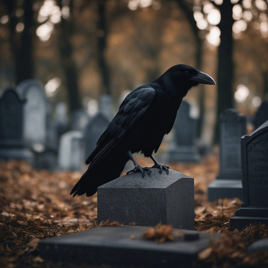 Evil Crow In Graveyard, Sitting On A Gravestone,
