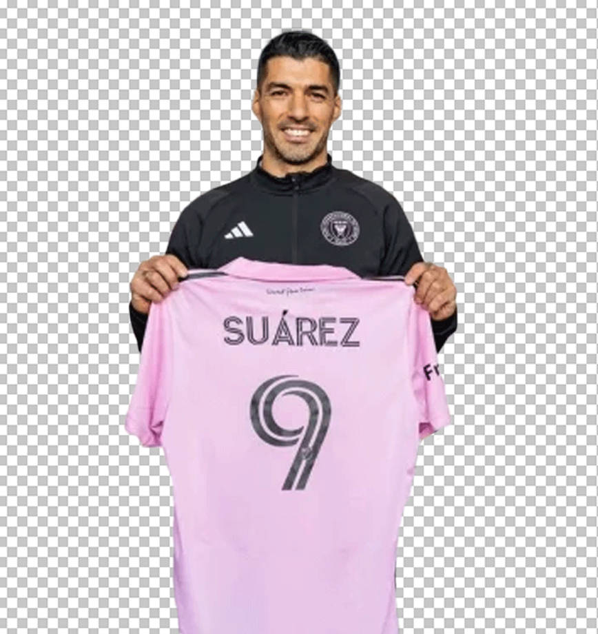 Luis Suarez holding Inter Miami jersey PNG Image by Ongpng on DeviantArt
