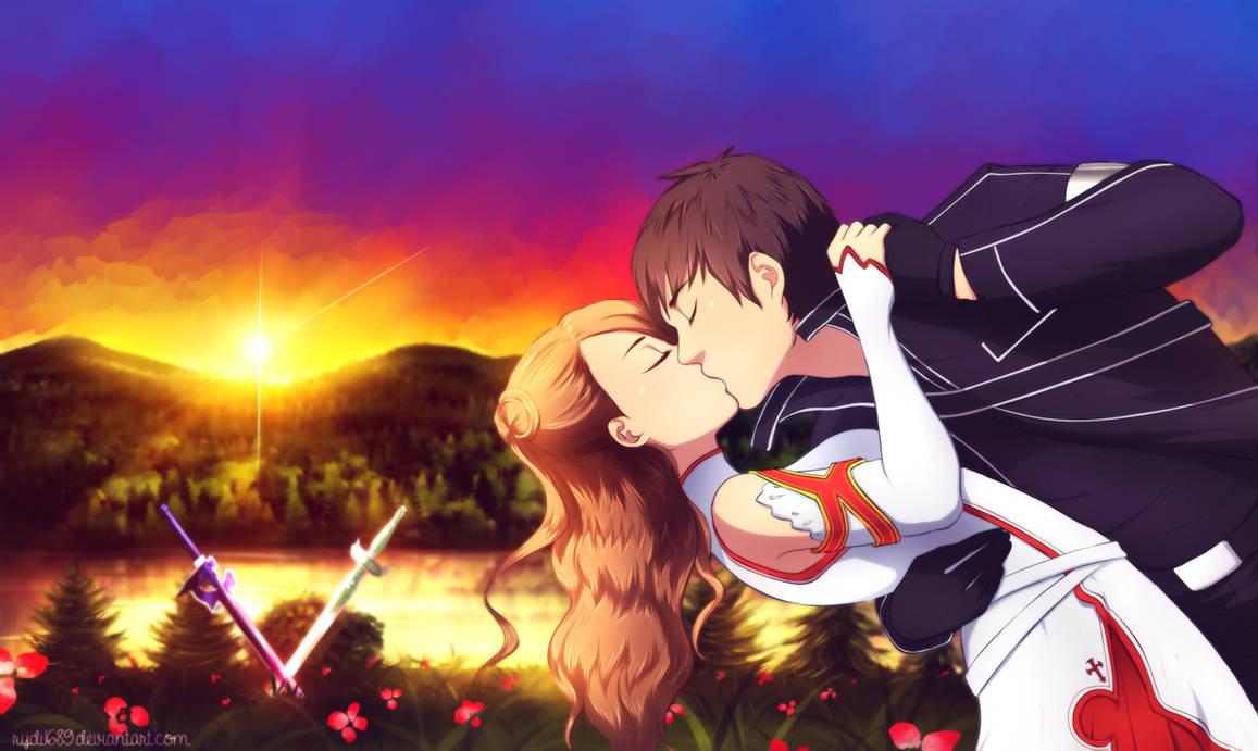 Манга обнимающий мастер меча. Кирито и Асуна. Кирито и Асуна поцелуй. Kirito Asuna поцелуй.