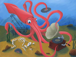 Squid, mystified by phonograph