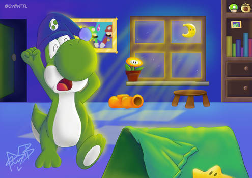 Yoshi with a nightcap, heading to bed