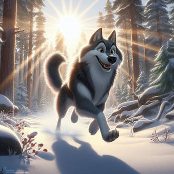 Happy wolf running on snow #2