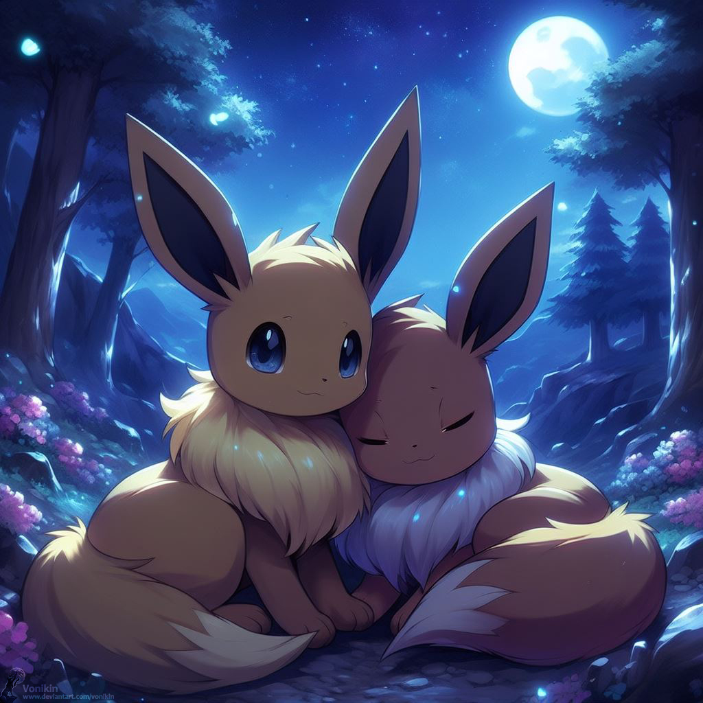 Eevees cuddling in the moonlight by Vonikin on DeviantArt