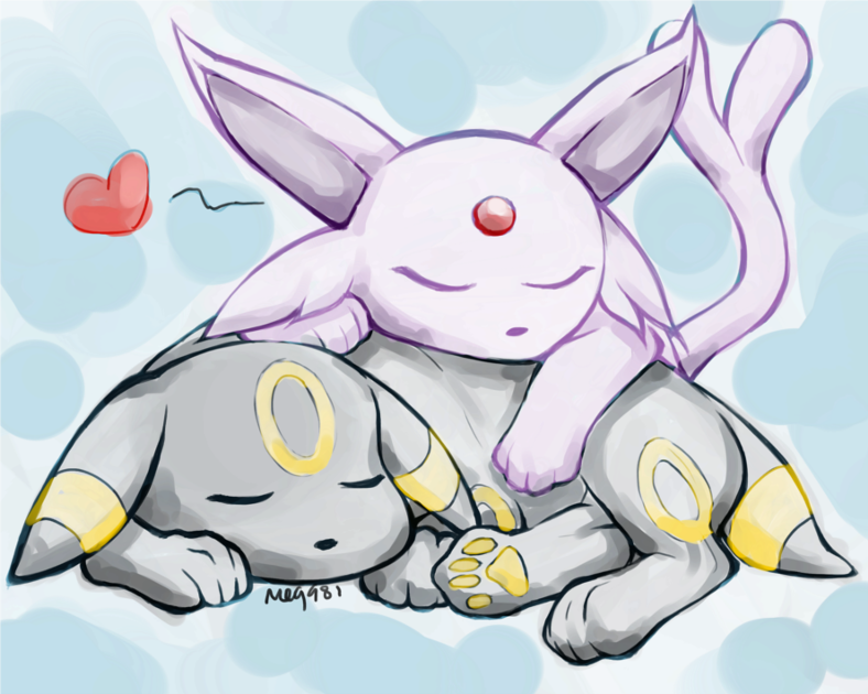 Sleepy Espeon and Umbreon