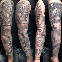 Famous landmarks sleeve tattoo