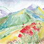 Mountain flowers. Abstract watercolor landscape