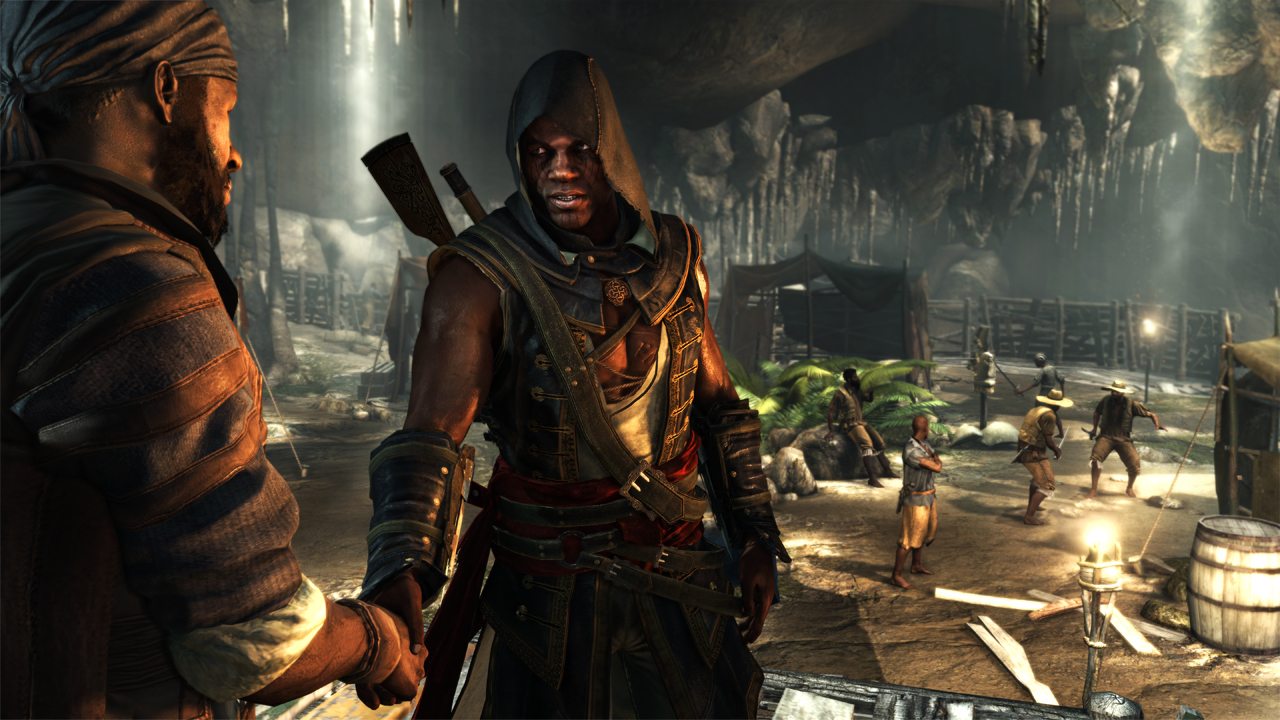 Adewale shakes hands with a fellow pirate