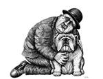 Man and Bulldog pen ink black and white drawing by Vitogoni