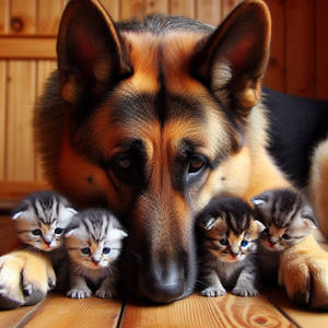 All the little kittens and the shepherd dog