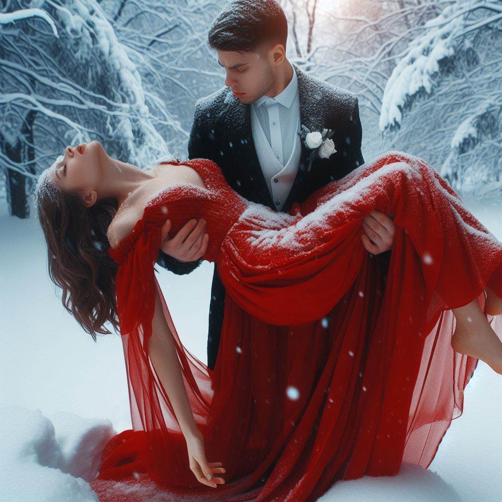 Woman in red dress cradle carried through the snow by Jayjnut on DeviantArt