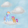 Rainbow Dash and Scootaloo on clouds