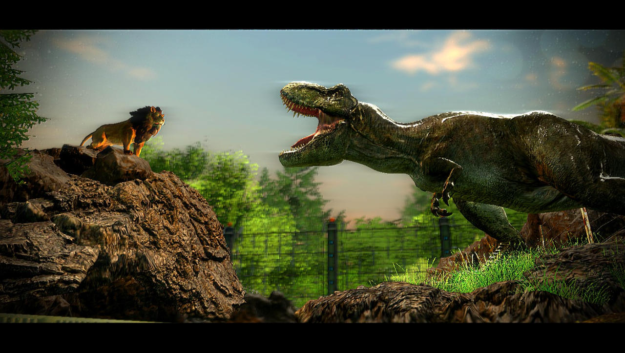 Rex Roraing Rexy roaring at a lion, who roars back at her by TREX096 on DeviantArt
