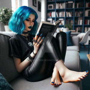 Goth girl reading barefoot