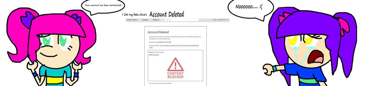 I Got My Fake Clone S Roblox Account Terminated By Pugleg2004 On Deviantart - roblox content blocked