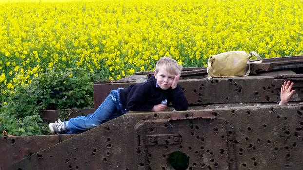 My boy on a tank in a field of yellow flowers