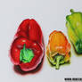 Red yellow and green peppers with drops
