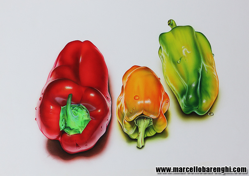 Red yellow and green peppers with drops