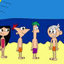 Isabella, Phineas, Ferb, Lincoln, Ronnie in beach