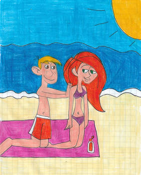 Ron giving Kim some sunscreen at the beach