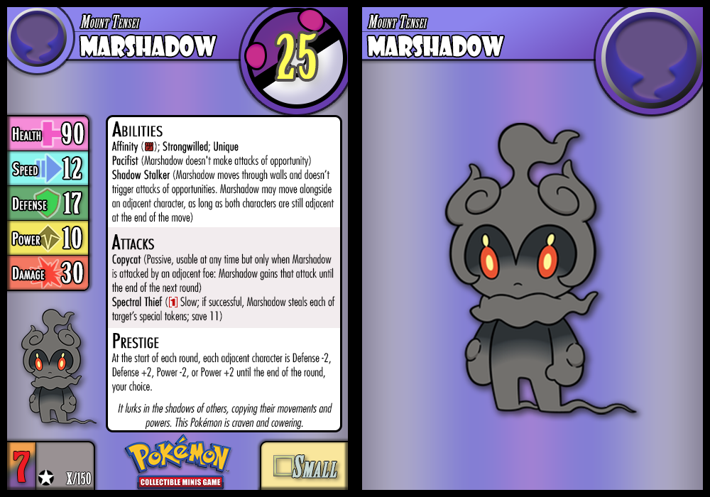 Mundo Pokémon - 802- Marshadow (Forma Espírito de Luta Ardente). Tipo:  lutador/fantasma. Evolução: Não Evolui. Histórico: Quando seu espírito de  luta começa a arder, Marshadow assume essa forma. Quando vai disparar um