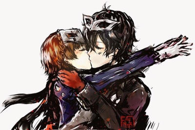 Makoto and P5 MC (Akira) kissing 