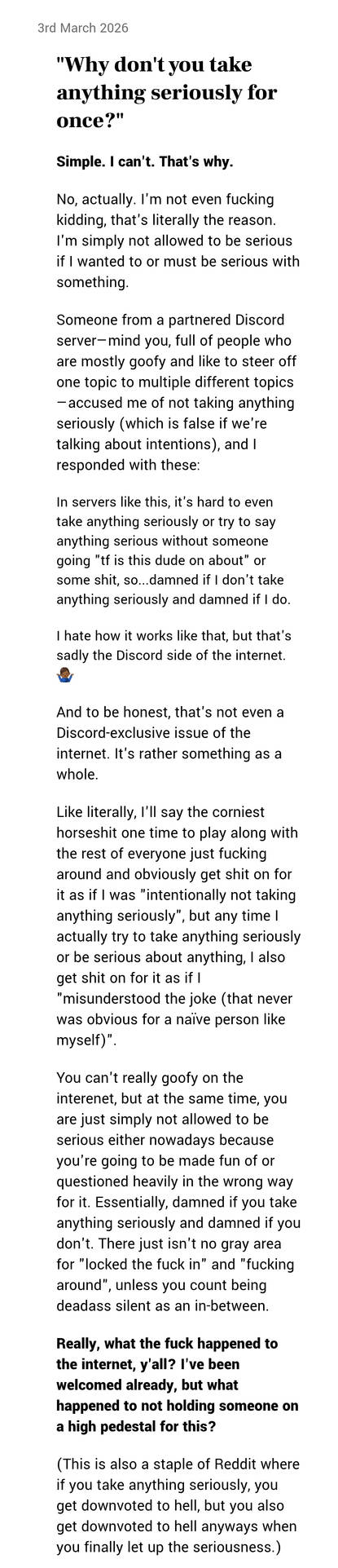 'Why don't you take anything seriously for once?'