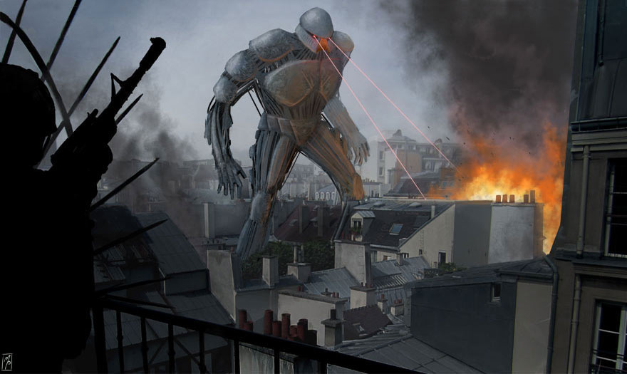 Нападение роботов. Огромный разрушенный робот. Гигантский робот рушит город. Нападение гигантских роботов на город.