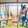 The Koma siblings plead Greninja and Peckmon (AI art)