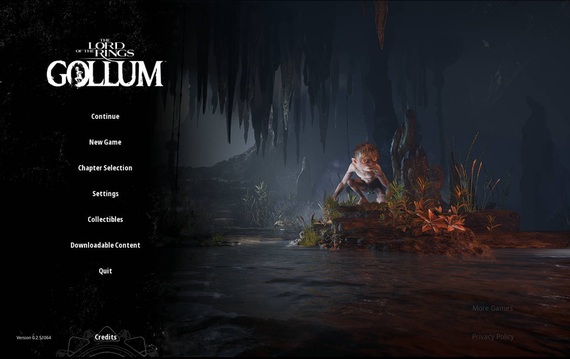 A short list of menu items on the left half of the screen. On the right half of the screen Gollum surveys his territory (a hole in the ground)